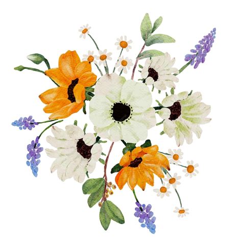 Premium Vector Watercolor Sunflower And White Anemone Flower Bouquet Elements