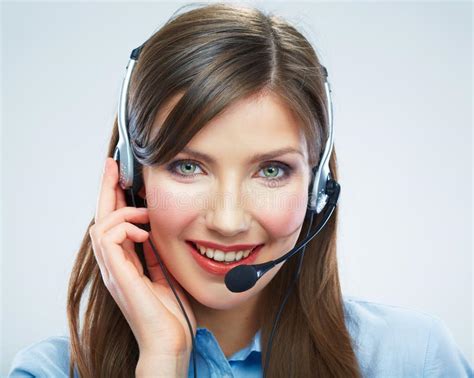 Smiling Woman Call Center Operator Touching Headsed Close Up B Stock Image Image Of Customer