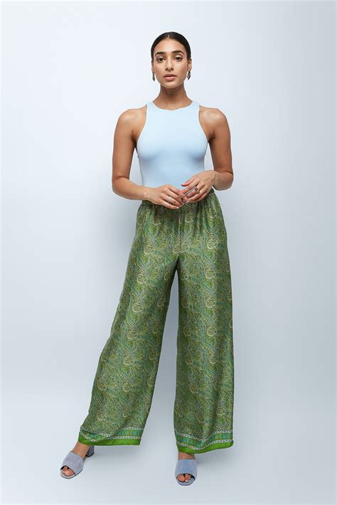 Olive Green Silk Kimono Printed Pants Albana New York