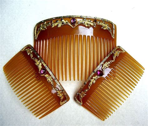 Antique Hair Comb Set Three Victorian Horn Embellished Hair From