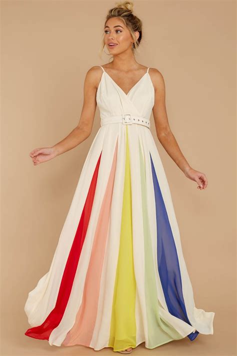 Stunning White Rainbow Stripe Maxi Flowy Formal Gown Dress 58