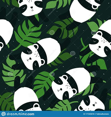 Colorful Seamless Pattern With Happy Pandas Palm Leaves Decorative