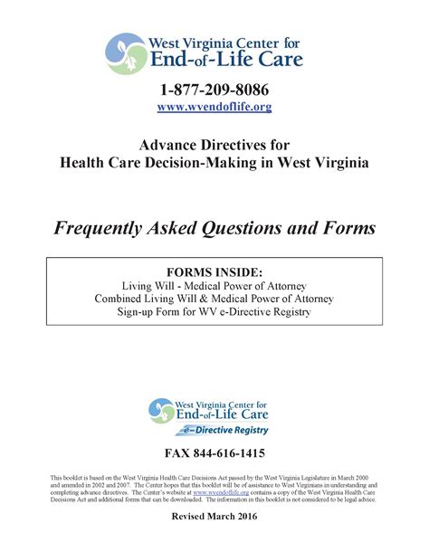 West Virginia Advance Directive For Health Care Free Printable Legal