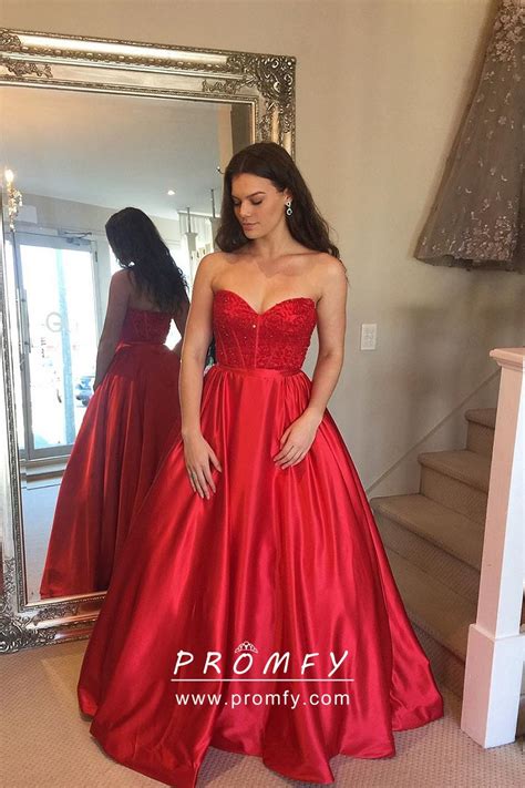 Beaded Strapless Sweetheart Red Satin Designer Ball Gown Pageant Formal