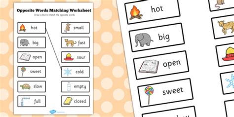 Word list for opposite adjectives set. Opposite Words Matching Worksheet (teacher made)