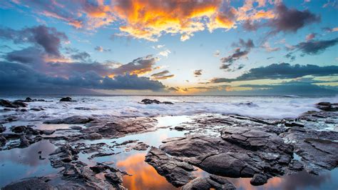 3840x2160 Water Sea Sunset Coast Clouds Waves Stones Wallpaper And