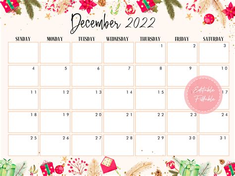 Editable December 2022 Calendar Printable Calendar Etsy