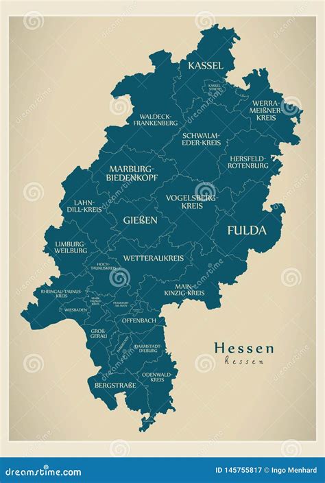Modern Map Hessen Map Of Germany With Counties And Labels Stock