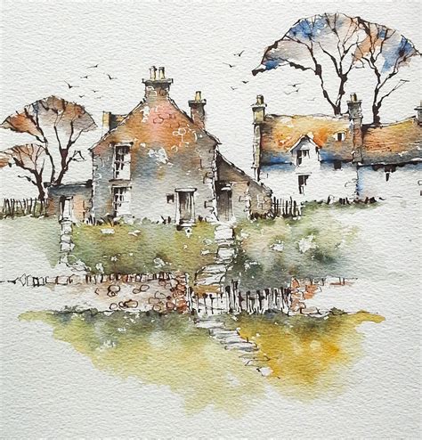 Farm Cottages Landscape Paintings Watercolor Landscape Paintings