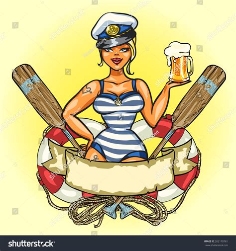 Sexy Pin Up Sailor Girl With Cold Beer Stock Vector Illustration