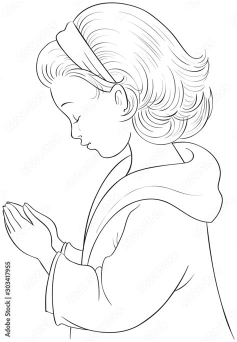 Cute Cartoon Little Girl Praying With Her Hands Folded Vector Coloring