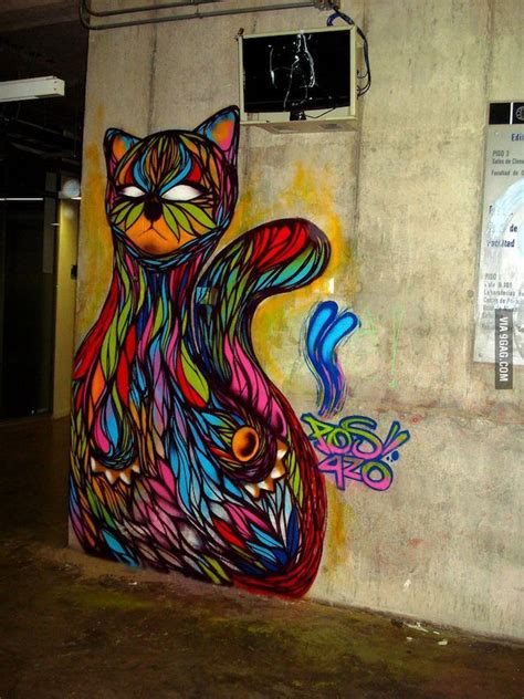 Colorful Cat In Santiago Chile Street Art Graffiti