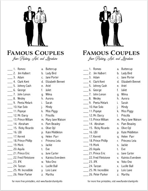 Can You Match These Famous Couples Free Printable Showergames