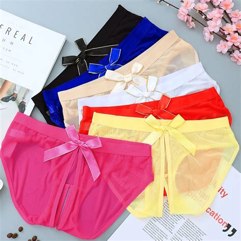 5pcslot Sexy Crotchless Women Fancy Panties Bow Mesh Briefs