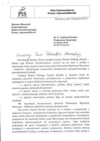 Wniosek Przewodnicz Cego Kp Pis M B Aszczaka Do Prokuratora Generalnego