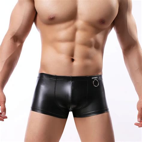 sexy men underwear black faux leather boxers shorts man low rise u convex pouch underpants