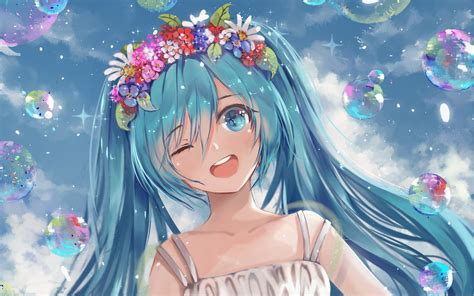 Wallpaper Vocaloid Twintails Smiling Hatsune Miku Aqua Hair