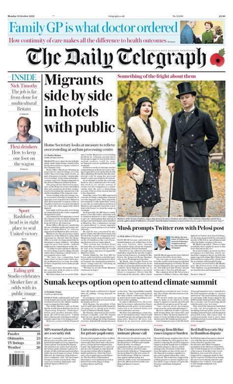 Daily Telegraph Front Page 31st Of October 2022 Tomorrows Papers Today