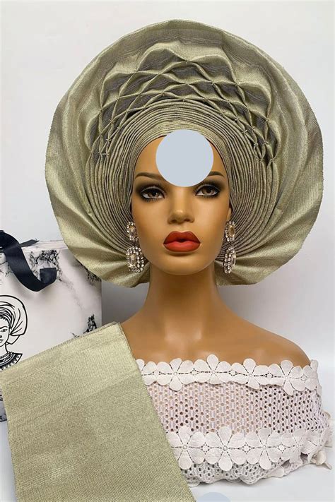 Africa Party Gold Nigeria Gele Headtie Hat Aso Oke Fabricgeleheadwrapready To Wear Gele
