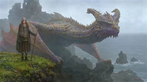 Fantasy Big Dragon Is Standing Near A Cute Girl Hd Dreamy Wallpapers