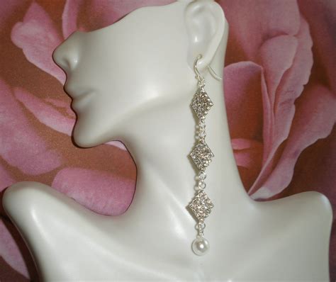 Rhinestone Pearl Dangle Earrings Long Bride Earrings Womens Jewelry