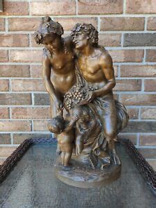 Antique Terracotta Faun Bacchus Nymph Statue Group After Clodion Marked