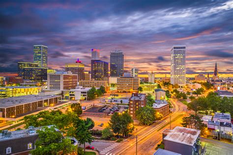 Glass building with red and white sculpture by katie dories. Tulsa Oklahoma Usa Skyline Stock Photo - Download Image ...
