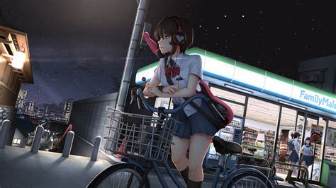 3440x1440 Cute Anime Girl With Bicycle Listening Music On Headphones
