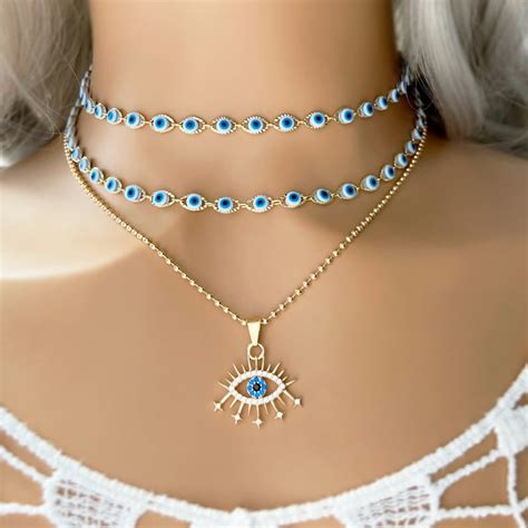 Blue Evil Eye Choker Gold Good Luck Layered Necklace Set Etsy