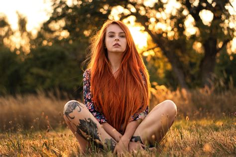 Wallpaper Women Outdoors Redhead Sitting Inked Girls Tattoo