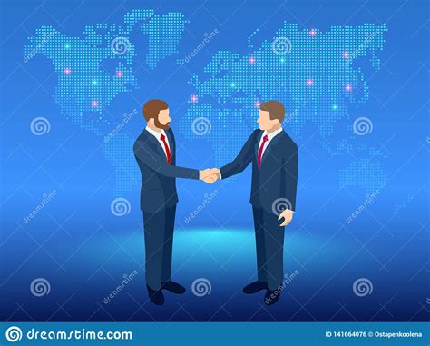 Isometric Global Cooperation Businessmen Shaking Hands At The Globe
