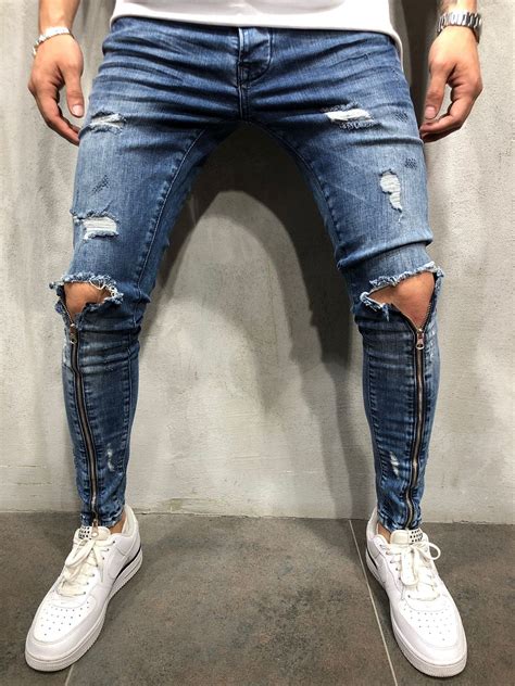 Men Skinny Fit Ripped Knee Zipper Shins Short Ankle Jeans Blue 3849 Streetwear Jeans Blue