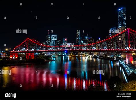 Brisbane Story Bridge In Red And City Skyline Queensland Australia