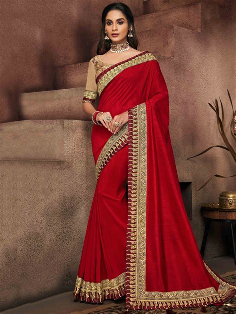 Red Silk Plain Saree With Embroidered Border Party Wear Sarees Traditional Sarees Designer