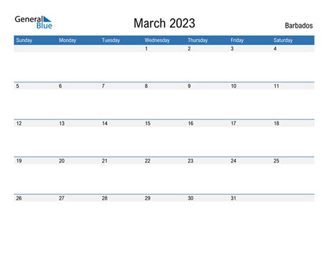 March 2023 Calendar With Barbados Holidays