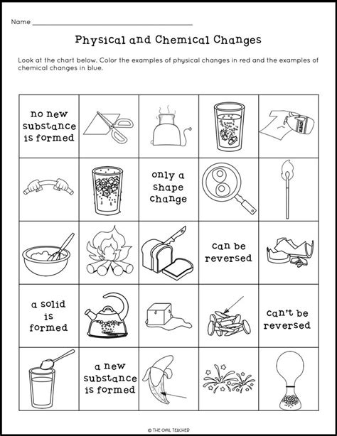 The Physical And Chemical Changes Worksheet Is Shown In Black And White