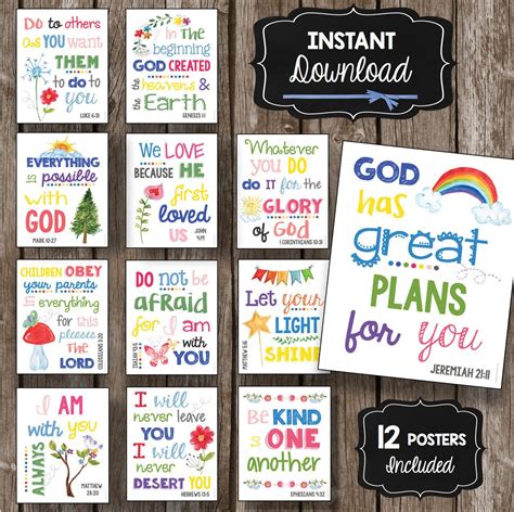 Scripture Posters Bundle Kids Bible Verses Printable Wall Art Sunday