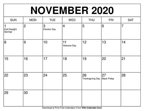 Free Printable November 2020 Calendars Wiki Calendar