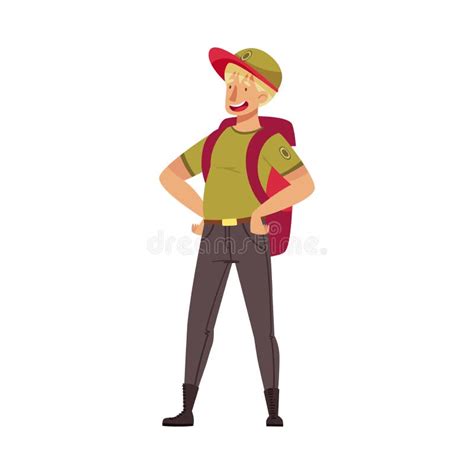 Blond Man As Park Ranger In Khaki Cap Standing With Backpack Vector