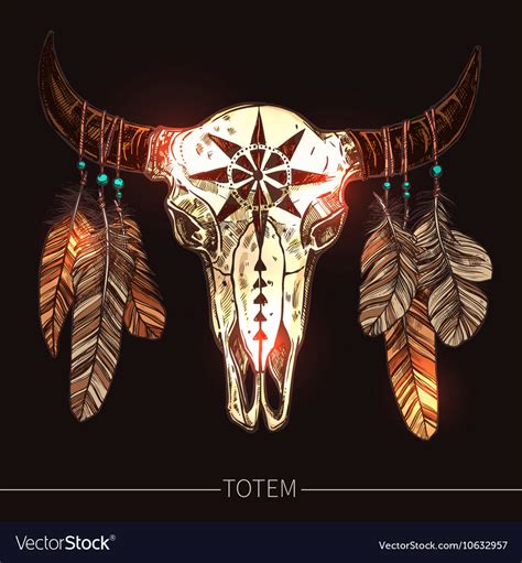 Buffalo Skull With Feathers American Totem Vector Image