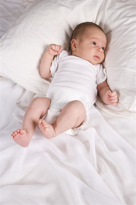 One Month Old Newborn Baby Boy Lying On Pillow Stock Photo Image Of
