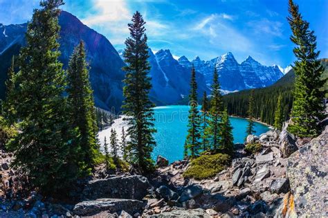 Lake Moraine In Canadian Rockies Stock Image Image Of Mountains Lake