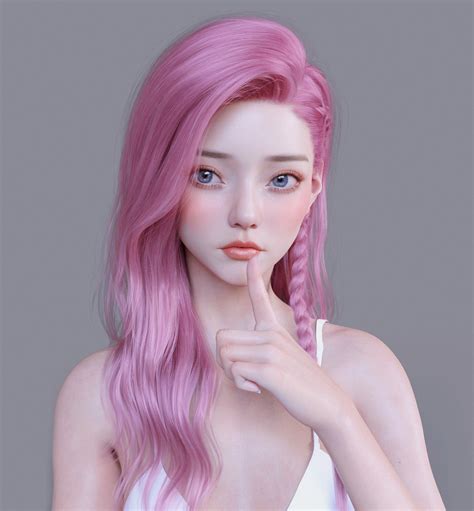 Chen Wang Women Pink Hair Long Hair Blue Eyes Blush Simple