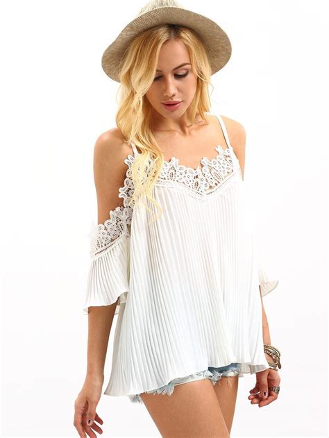 Lace Trimmed Cold Shoulder Pleated Top White Shein Sheinside