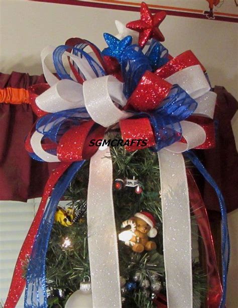Patriotic Christmas Tree Topper Wired Ribbon Bow Americana Etsy