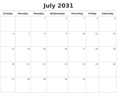 July 2031 Calendar Maker