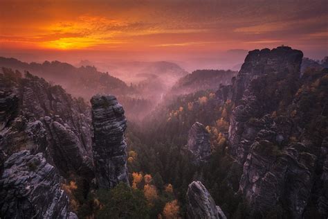 Nature Landscape Sunset Mountains Forest Fall Mist Sky Clouds Rock Trees Germany