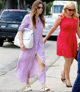 Jessica Biel Heads To Studio In LA In Purple Nightgown Inspired Dress Daily Mail Online