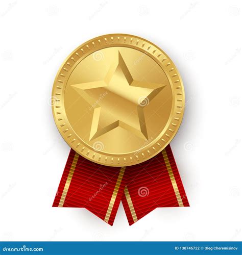 Gold Medallion With Star And Red Ribbons Isolated On White Background