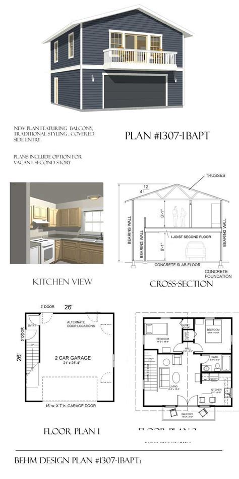 Cool garage plans offers unique garage apartment plans that contain a heated living space with its own entrance, bathroom, bedrooms and kitchen area to boot. 2 Car Garage Plan with Two Story Apartment 1307-1bapt ...